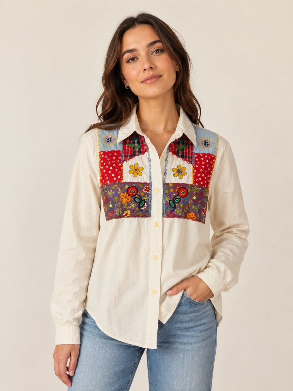 Vintage GAP Patchwork Applique Button Front Shirt Folk Floral Western XL